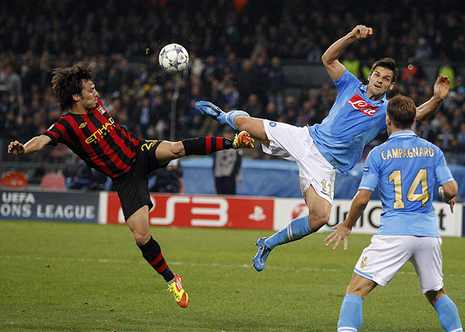 Tuesday Champions League: Manchester City's David Silva and Napoli's Christian Maggio 