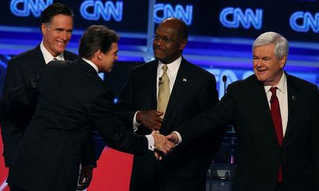 Republican presidential candidates Rick Perry, Mitt Romney, Herman Cain, Newt Gingrich