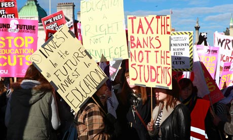 Students protest in central London against an increase in university tuition fees in November 2010.