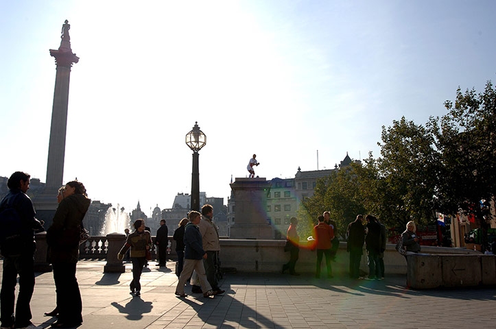 Jonny Wilkinson Retires:  Wilkinson stands on a plinth in Trafalgar Square in London