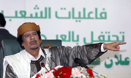 Muammar Gaddafi speaks to loyalists in Tripoli on 2 March 2011.