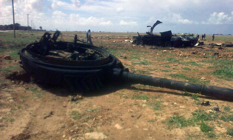 A turret of a tank belonging to forces loyal to Muammar Gaddafi 