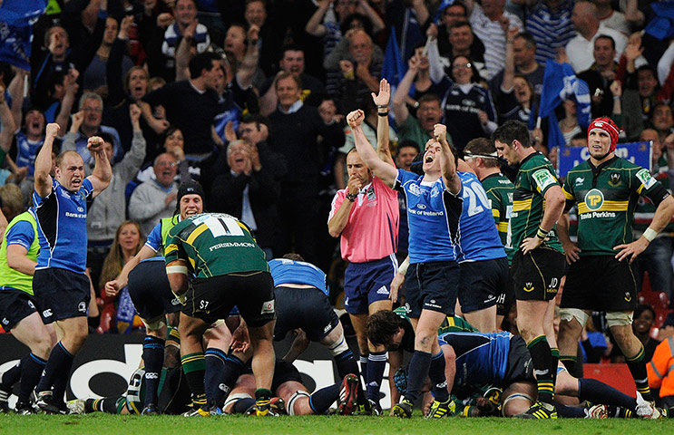 Heineken Cup Final: Leinster players celebrate thier 3rd try scored by Nathan Hines