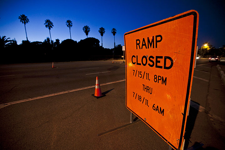 Carmageddon: Ramp closure signs appear on the on-ramps of the 405 freeway