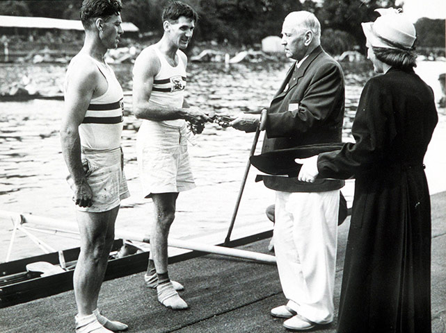 Olympic medals: J Wilson & W Laurie win the 1948 Olympic rowing coxless pairs gold medals