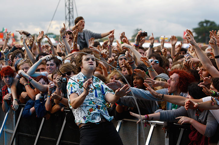 Reading/Leeds festival: August 28:  Ed Macfarlane of Friendly Fires performs at Reading