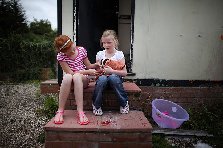 Dale Farm: 30 August 2011: Vivian (L) and Beverly play with a puppy