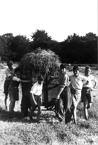 You can help your country: Lord Wandsworth College boys pulling a haywagon