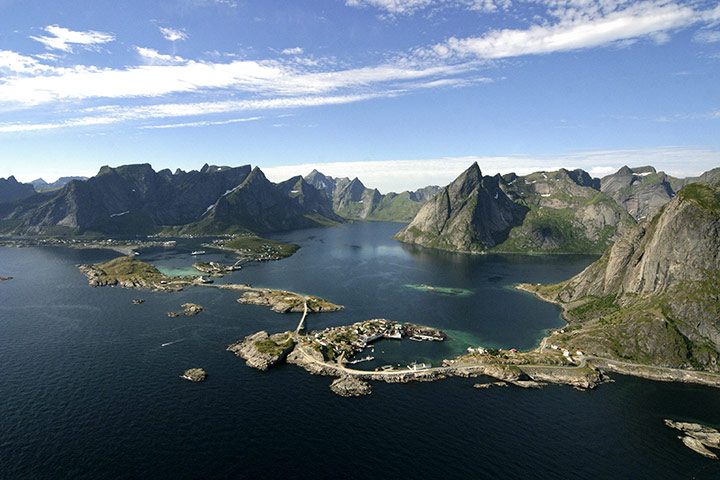 Scandinavian cabins: View from Rorbuer Huts,  Lofoten, Norway