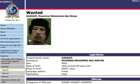 Interpol red notice for the arrest of Gaddafi 