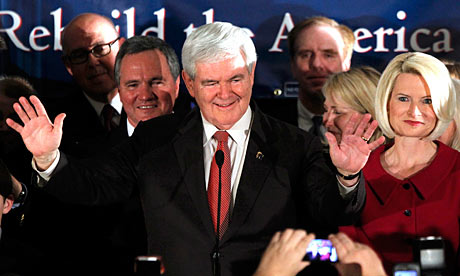Newt Gingrich gives his victory speech in Spartanburg after winning the South Carolina primary