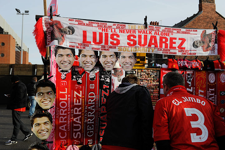 Liverpool v Man Utd: Suarez merchandise outside Anfield