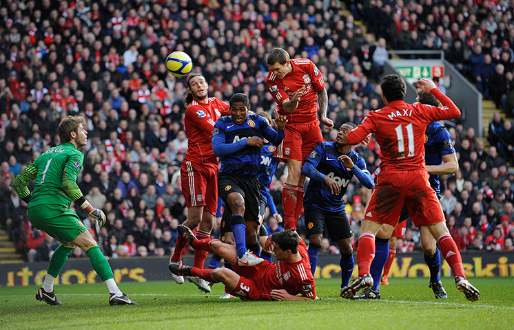 Liverpool v Man Utd: Daniel Agger heads the 1st goal for Liverpool