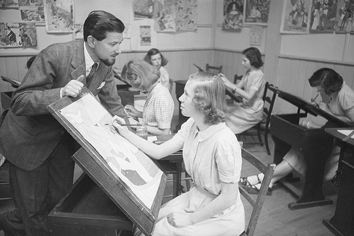 Ronald Searle: 1950: Ronald Searle visits an art class at Acton Reynold girl's school