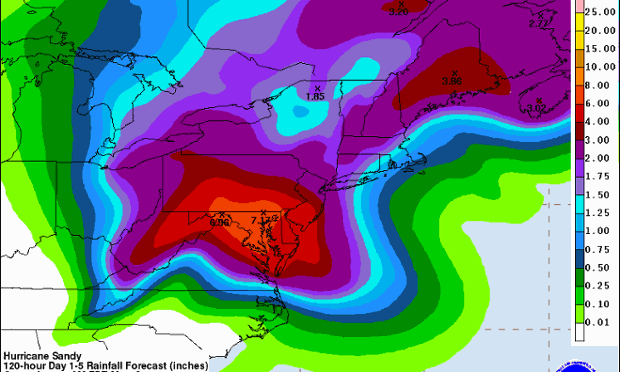 Rainfall forecasts for 1-5 days after Hurricane Sandy makes landfall.