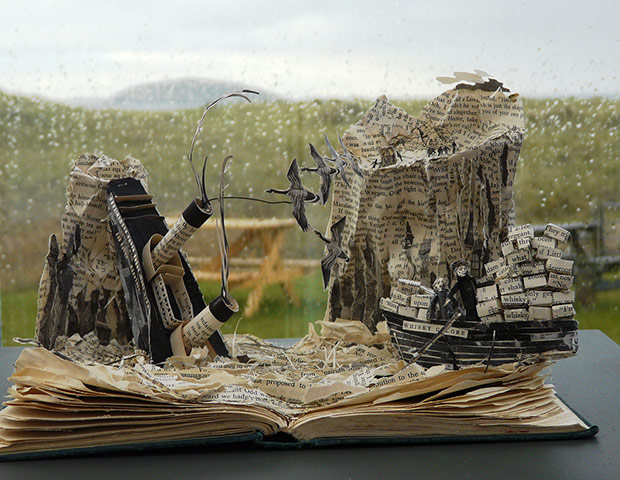 Book sculptures in situ: Compton Mackenzie's story Whisky Galore at Am Politician Lounge Bar