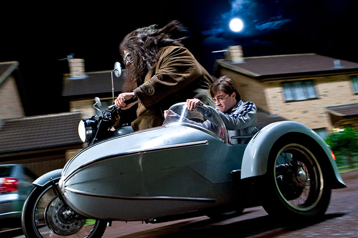 Robbie Coltrane: Robbie Coltrane and Daniel Radcliffe in a motorbike and sidecar