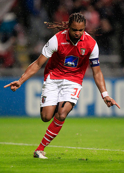 Wed Champs League 2: Braga's Alan celebrates after scoring a goal against Manchester United 
