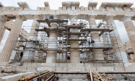 Restoration work takes place on the Parthenon in Athens