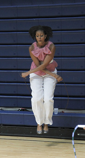 Michelle Obama fitness: First lady Michelle Obama uses a jump-rope during exercise activities 