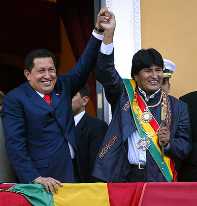 Evo Morales and Hugo Chávez after Morales became Bolivian president, in La Paz 2006