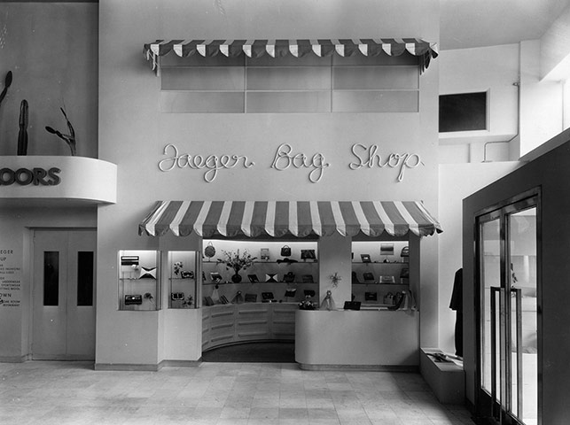 Jaeger: March 1935: The bag shop in Jaeger's in Regent street, London