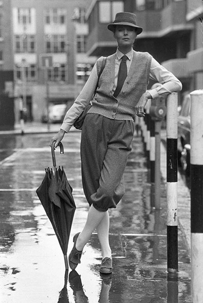 Jaeger: May 1980: Cecile modelling a pair of grey flared knickerbockers