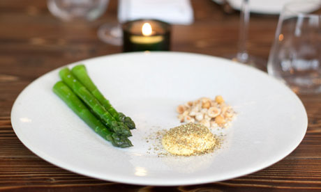 Ollie Dabbous' English asparagus, virgin rapeseed oil mayonnaise, meadowsweet and hazelnut starter