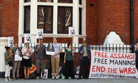 Demonstrators protest outside the Ecuadorian consulate. Julian Assange has sought asylum