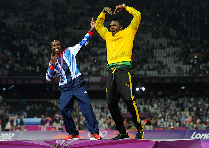 team GB celebrations: Mo Farah does the 'lightning bolt' while Usain Bolt does the 'mobot' 
