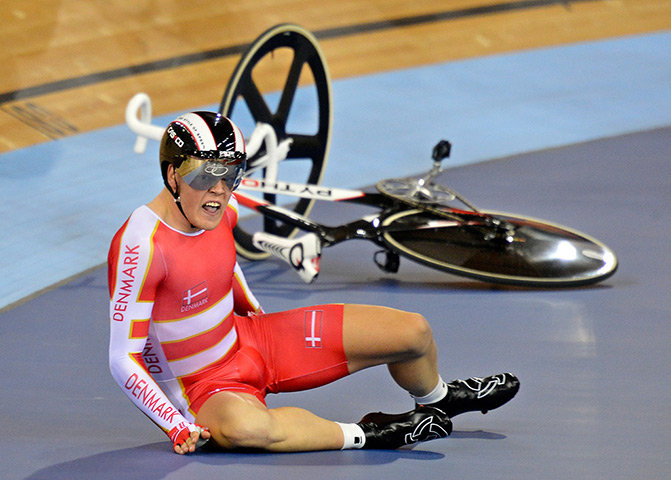 Olympic pain: Denmark's Lasse Norman Hansen crashes during the omnium
