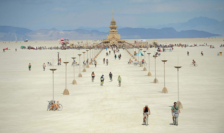 Burning Man: People walk toward the temple at Burning Man near Gerlach, Nevada