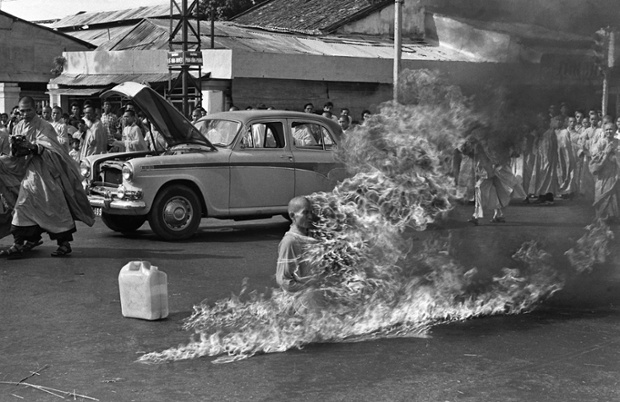 Quang Duc, a Buddhist monk, burns himself to death on a Saigon street June 11, 1963 to protest alleged persecution of Buddhists by the South Vietnamese government.