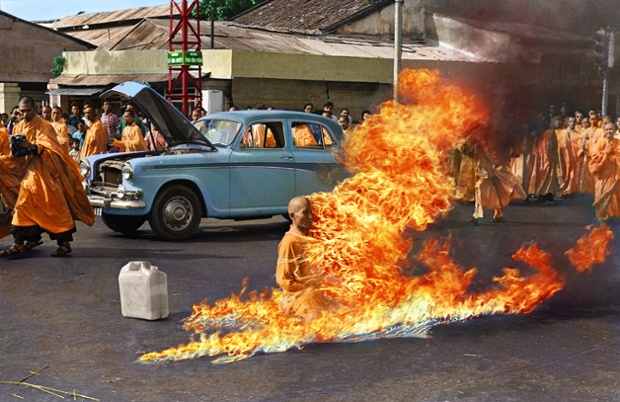Colourised photo Quang Duc, a Buddhist monk, burns himself to death on a Saigon street to protest alleged persecution of Buddhists by the South Vietnamese government.