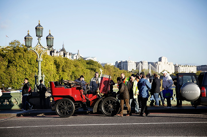 London-Brighton car rally: A competitor breaks down on Westminster Bridge