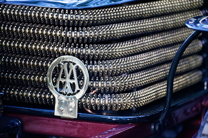 London-Brighton car rally: The radiator grille of a classic car at the starting line in Hyde Park