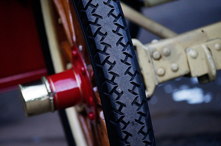 London-Brighton car rally: A detail of a vintage car tyre 