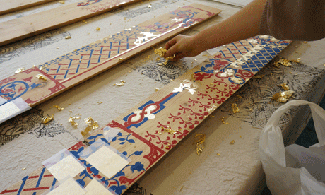 Chaucerian gilt … preparing decorative columns for Studio Weave's Paleys Upon Pilers folly. Photograph: Studio Weave