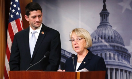 Senate Budget Committee chairman Senator Patty Murray (D-WA), right, and House Budget Committee chairman Representative Paul Ryan (R-WI) announce The Bipartisan Budget Act of 2013 on 10 December 2013. , From ImagesAttr