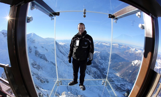 Mathieu Dechavanne, head of the Compagnie du Mont Blanc which runs the new attraction, steps into the box, which has stunning panoramic views over the French Alps.