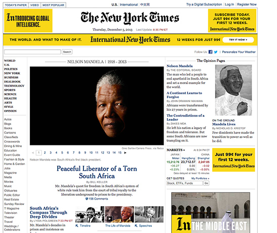 Mandela front pages: Mandela New York Times