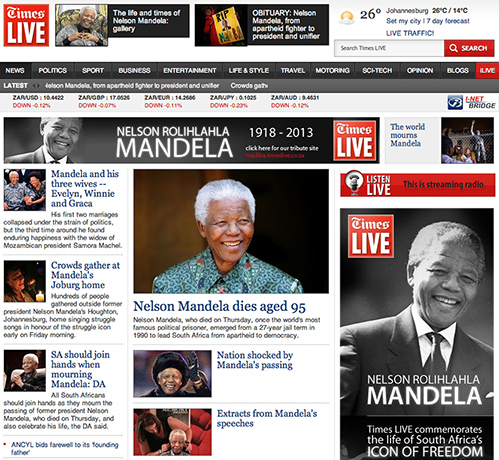 Mandela front pages: Times Live