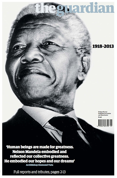 Mandela cover: Guardian front cover of Nelson Mandela's death 5th December 2013  