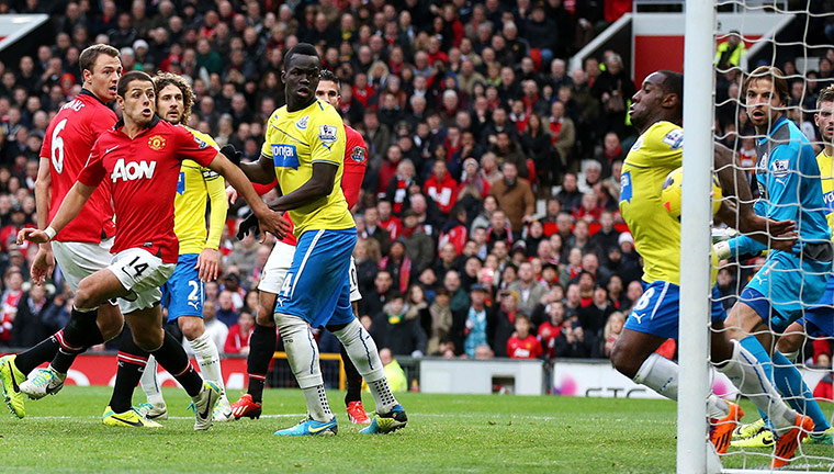 Premiership Saturday: Manchester United's Patrice Evra's header is cleared off the goal line Vurn