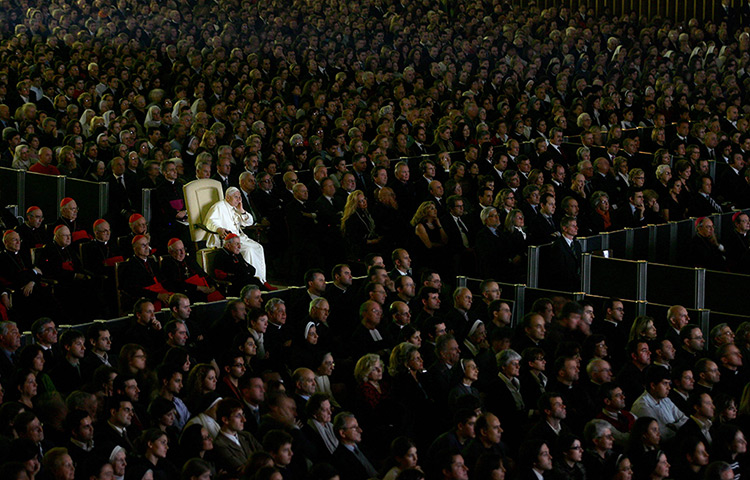 pope benedict resigns: Pope Benedict watches the screening of a CBS mini-series Pope John Paul II