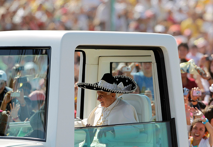 pope benedict resigns: Pope Benedict XVI wears a sombrero