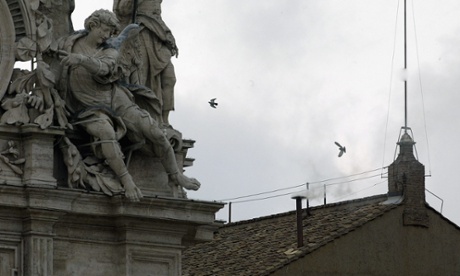 White smoke from the roof of the Sistine Chapel announces the election of a new pope in 2005.