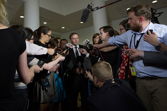 gillard: Leader of the House Anthony Albanese speaks to the media after the caucus