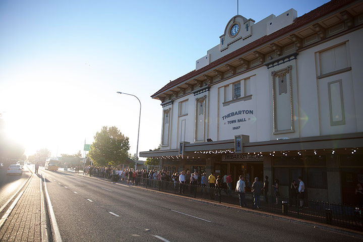 Adelaide Festival Day 3: People queue outside the Thebarton Theatre