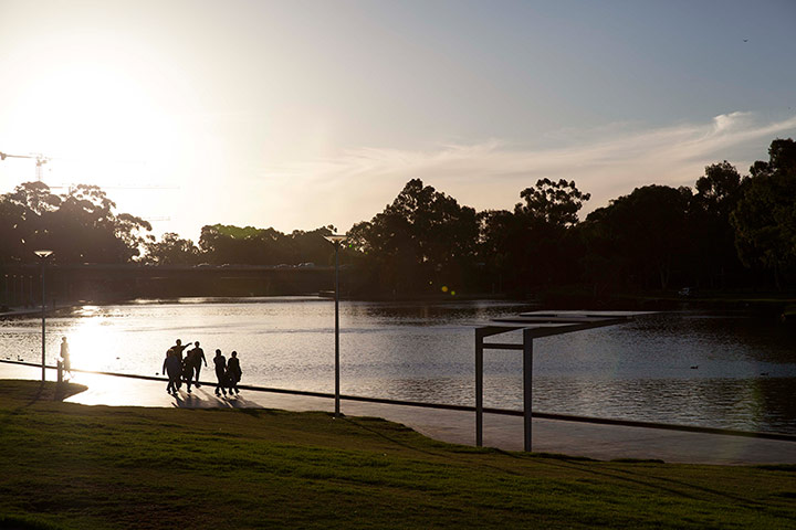 Adelaide Festival Roundup: A view of the Torrens Lake from Elder Park as the sun goes down